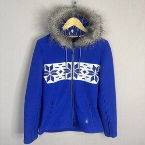 Spyder Women’s Core Sweater Soiree Faux Fur Hood Blue Snowflake Zip Jacket M